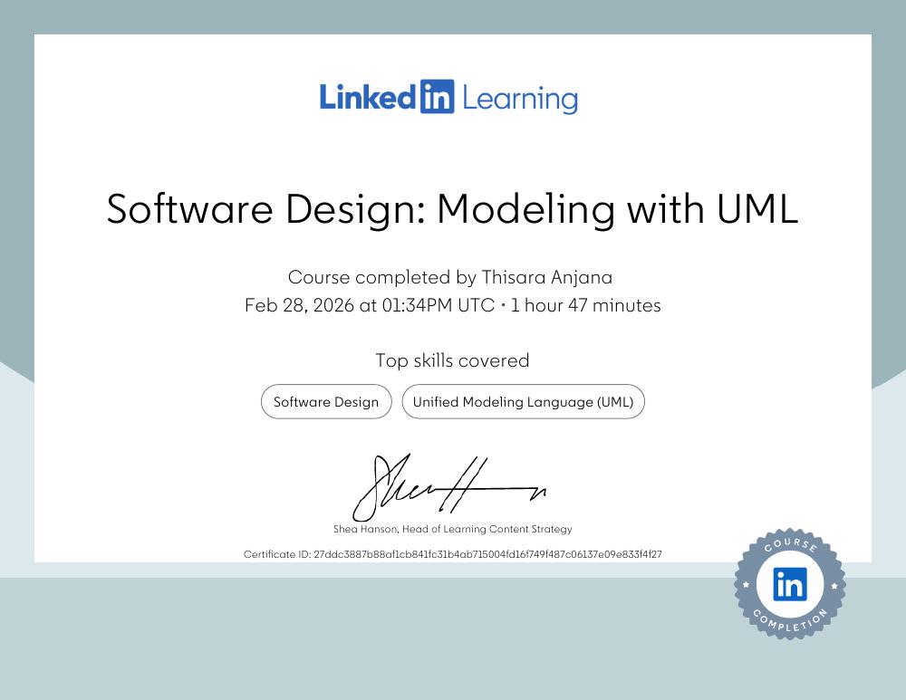 Software Design: Modeling with UML certificate issued by LinkedIn Learning