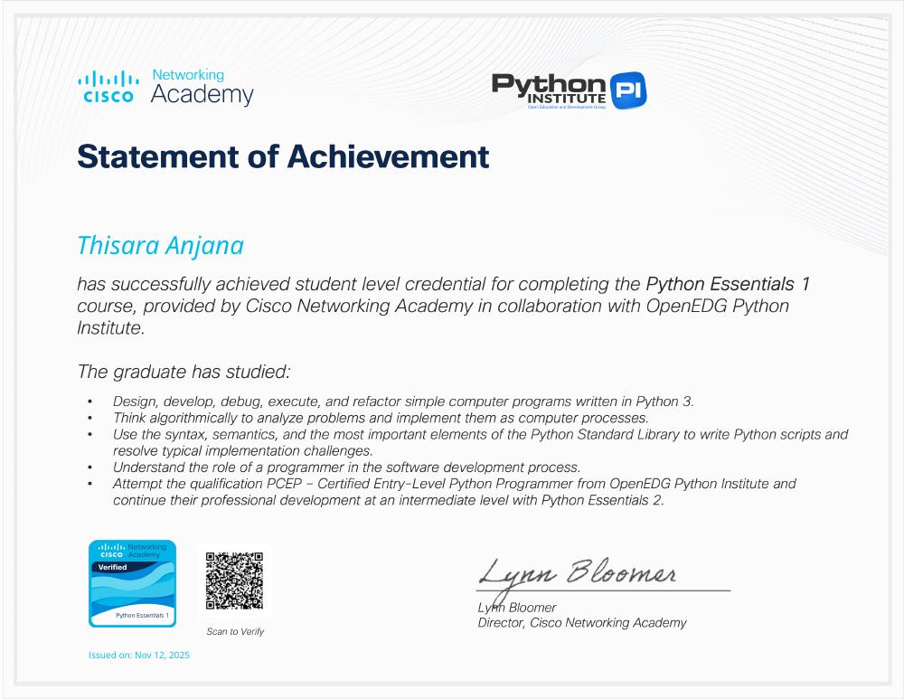 Python Essentials 1 certificate issued by Cisco Networking Academy · OpenEDG Python Institute