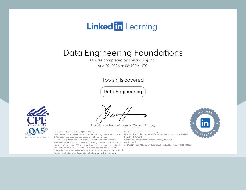 Data Engineering Foundations certificate issued by LinkedIn Learning