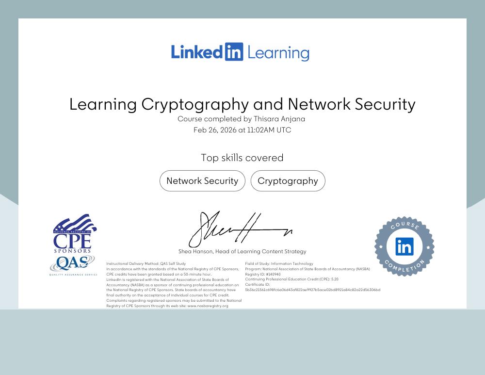 Learning Cryptography and Network Security certificate issued by LinkedIn Learning