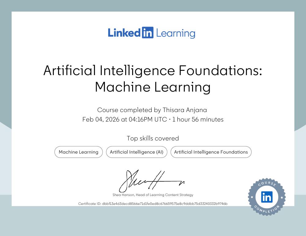 Artificial Intelligence Foundations: Machine Learning certificate issued by LinkedIn Learning